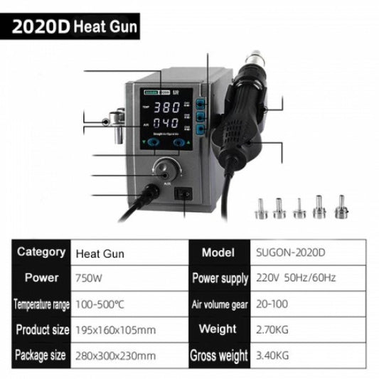 SUGON 2020D 700W HOT AIR GUN SOLDERING STATION WITH HEAT CHANGING CHANNEL - LEAD FREE SMD Rework Station - Premium Quality With Inverter Technology for Electronics repairing