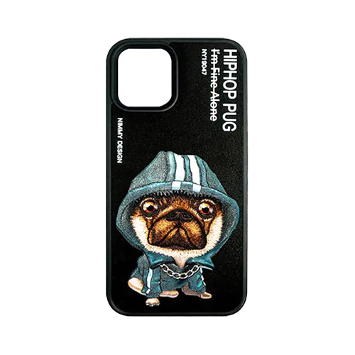 Black Chain Pug 3D Case For iPhone 13, 3D Embroidery Leather Back Cover