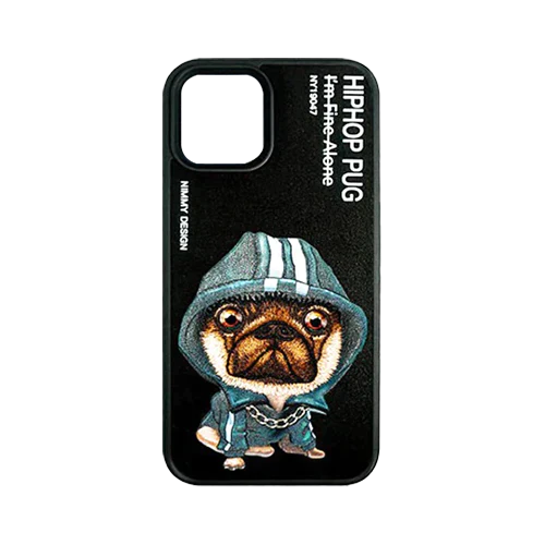 Black Chain Pug 3D Case For iPhone 13 Pro Max, 3D Embroidery Leather Back Cover