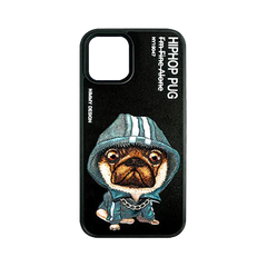 Black Chain Pug 3D Case For iPhone 13 Pro Max, 3D Embroidery Leather Back Cover