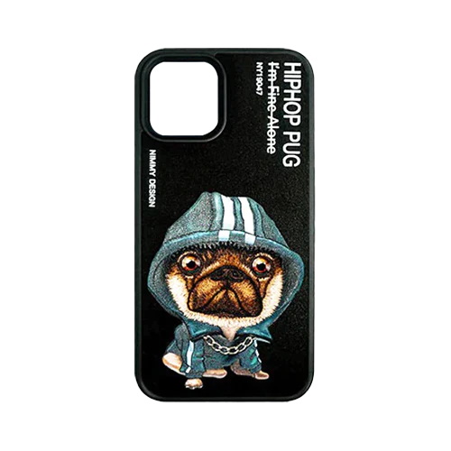 Black Chain Pug 3D Case For iPhone 13 Pro, 3D Embroidery Leather Back Cover