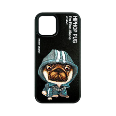 Black Chain Pug 3D Case For iPhone 13 Pro, 3D Embroidery Leather Back Cover