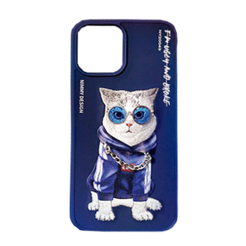 Blue Chain Cat 3D Case For iPhone 13 Pro Max, 3D Embroidery Leather Back Cover