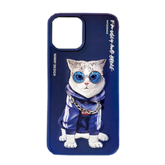 Blue Chain Cat 3D Case For iPhone 13 Pro Max, 3D Embroidery Leather Back Cover