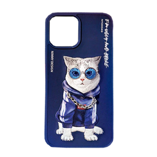 Blue Chain Cat 3D Case For iPhone 13 Pro, 3D Embroidery Leather Back Cover