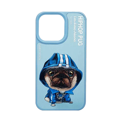 Blue Chain Pug 3D Case For iPhone 13 Pro, 3D Embroidery Leather Back Cover