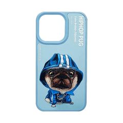 Blue Chain Pug 3D Case For iPhone 13 Pro, 3D Embroidery Leather Back Cover