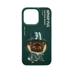 Green Chain Pug 3D Case For iPhone 13 Pro, 3D Embroidery Leather Back Cover