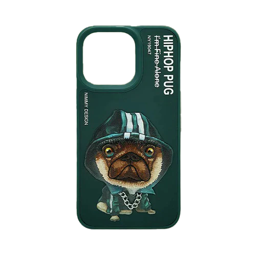 Green Chain Pug 3D Case For iPhone 13, 3D Embroidery Leather Back Cover