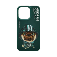 Green Chain Pug 3D Case For iPhone 13 Pro Max, 3D Embroidery Leather Back Cover