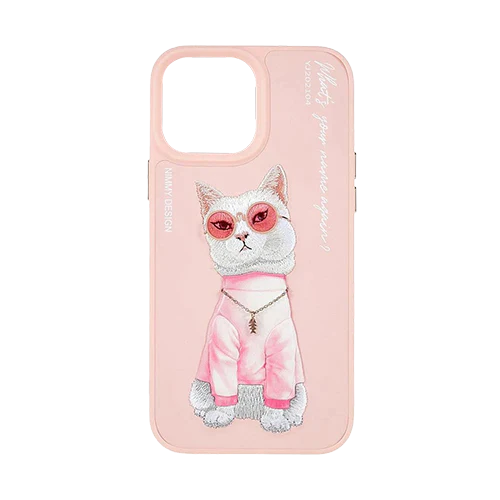 Pink Chain Cat 3D Case For iPhone 13, 3D Embroidery Leather Back Cover