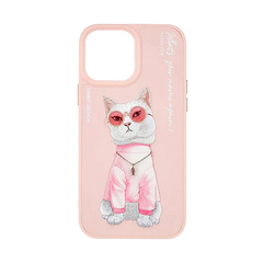 Pink Chain Cat 3D Case For iPhone 13, 3D Embroidery Leather Back Cover