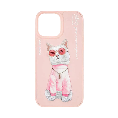 Pink Chain Cat 3D Case For iPhone 13 Pro, 3D Embroidery Leather Back Cover