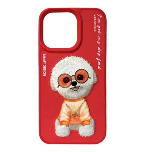 Red Puppy Face 3D Case For iPhone 13 Pro Max, 3D Embroidery Leather Back Cover