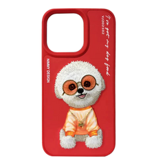 Red Puppy Face 3D Case For iPhone 13, 3D Embroidery Leather Back Cover